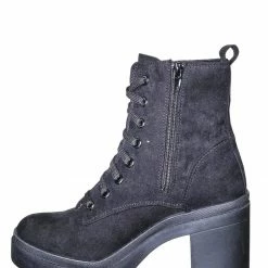 Bamboo New Regal01 Faux Fur Lined Combat Booties - Womens Laced Up Chunky Block Heels