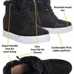 Bamboo Rise18 Hidden Wedge Faux Fur Sneaker - Shearling Lace Up Platform Ankle Bootie