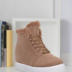 Bamboo Rise18 Hidden Wedge Faux Fur Sneaker - Shearling Lace Up Platform Ankle Bootie