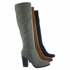 Bamboo New Showcase06 Faux Fur Lining Antique Metal Stud Detail, Knee High Stack Block Heel