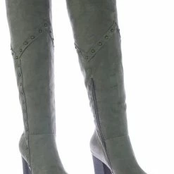 Bamboo New Showcase06 Faux Fur Lining Antique Metal Stud Detail, Knee High Stack Block Heel