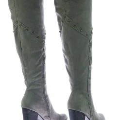 Bamboo New Showcase06 Faux Fur Lining Antique Metal Stud Detail, Knee High Stack Block Heel