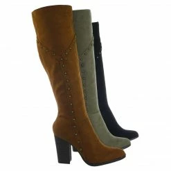 Bamboo New Showcase06 Faux Fur Lining Antique Metal Stud Detail, Knee High Stack Block Heel