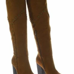 Bamboo New Showcase06 Faux Fur Lining Antique Metal Stud Detail, Knee High Stack Block Heel