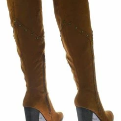 Bamboo New Showcase06 Faux Fur Lining Antique Metal Stud Detail, Knee High Stack Block Heel