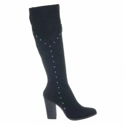 Bamboo New Showcase06 Faux Fur Lining Antique Metal Stud Detail, Knee High Stack Block Heel