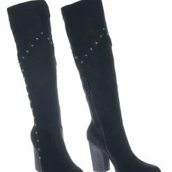 Bamboo New Showcase06 Faux Fur Lining Antique Metal Stud Detail, Knee High Stack Block Heel