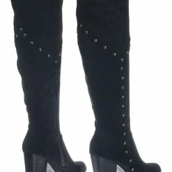 Bamboo New Showcase06 Faux Fur Lining Antique Metal Stud Detail, Knee High Stack Block Heel