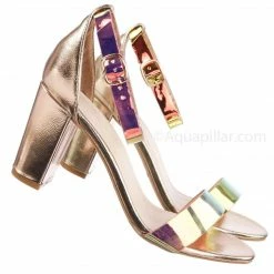 Bamboo New Striking28 Hologram Chunky Block Heel Sandal - Women Ankle Strap Heeled Shoes
