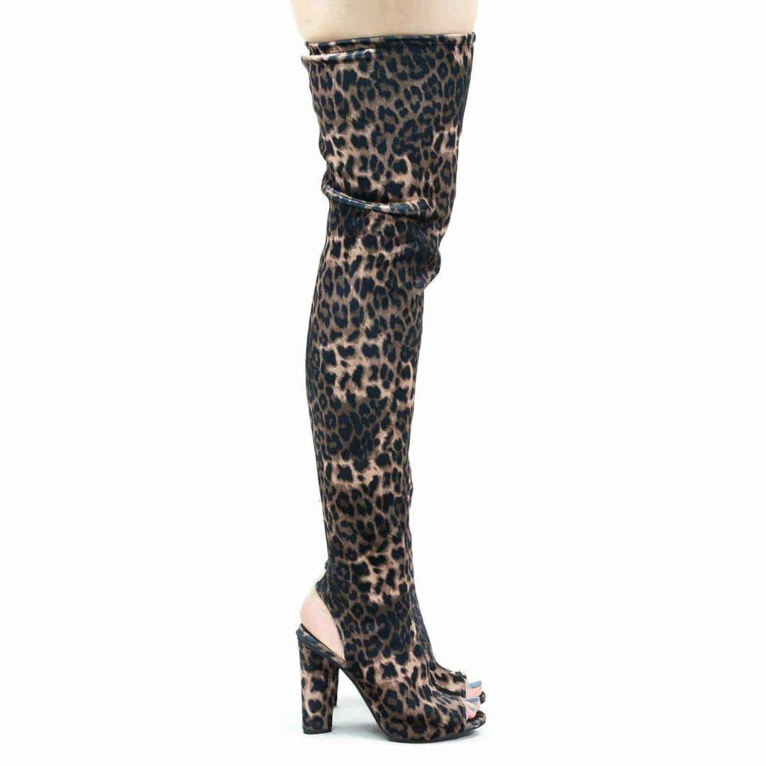 Bamboo Sunlight02 Over Knee Thigh High Boots Block Heel In Plain, Glitter & Leopard