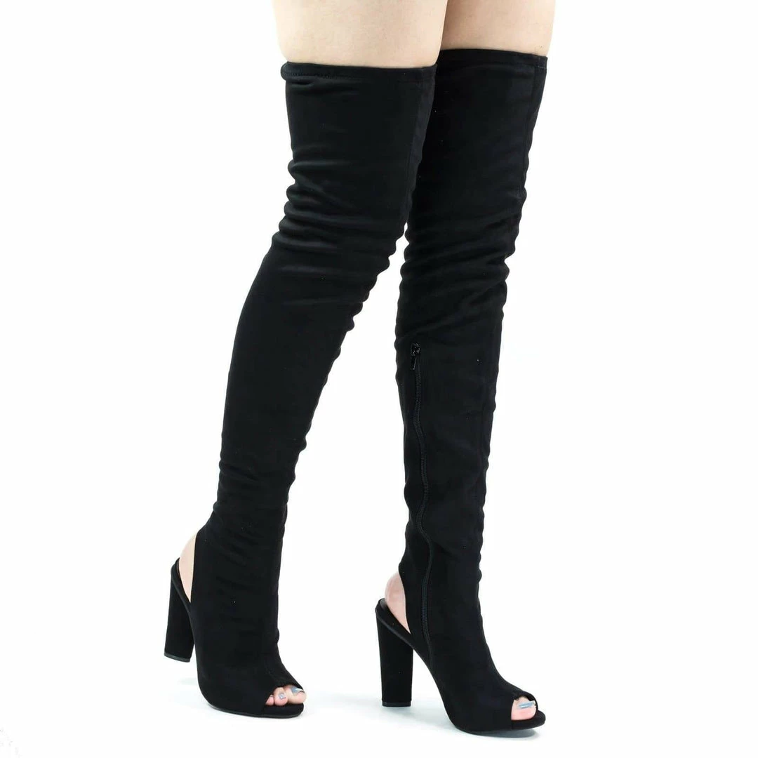 Bamboo Sunlight02 Over Knee Thigh High Boots Block Heel In Plain, Glitter & Leopard