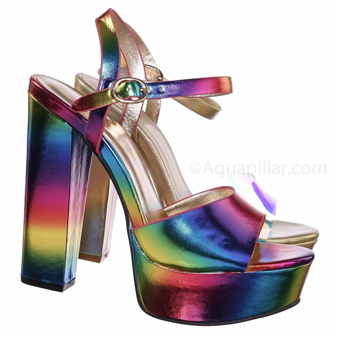 Bamboo Tournament95 Chunky Block Heel Platform Sandal - In Rainbow & Clear Lucite