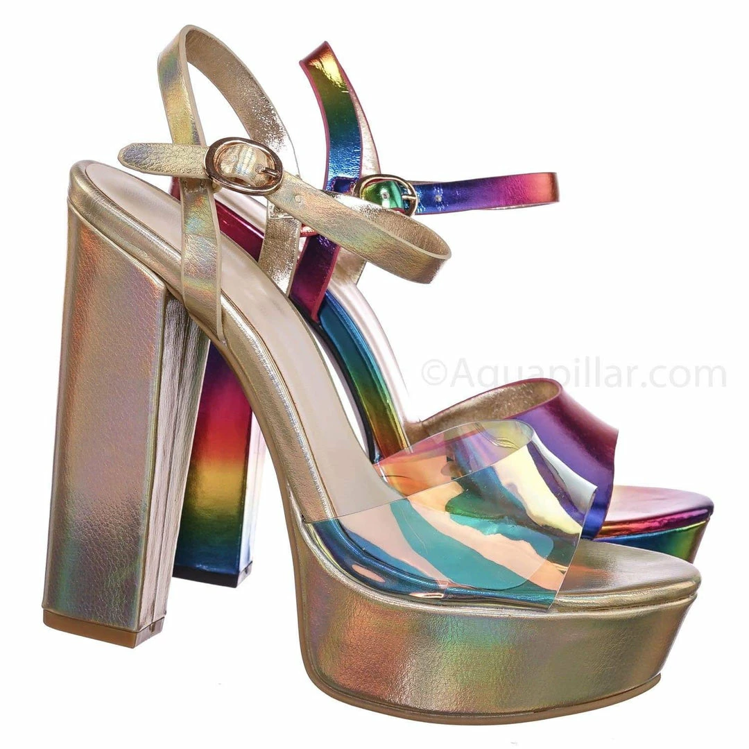 Bamboo Tournament95 Chunky Block Heel Platform Sandal - In Rainbow & Clear Lucite