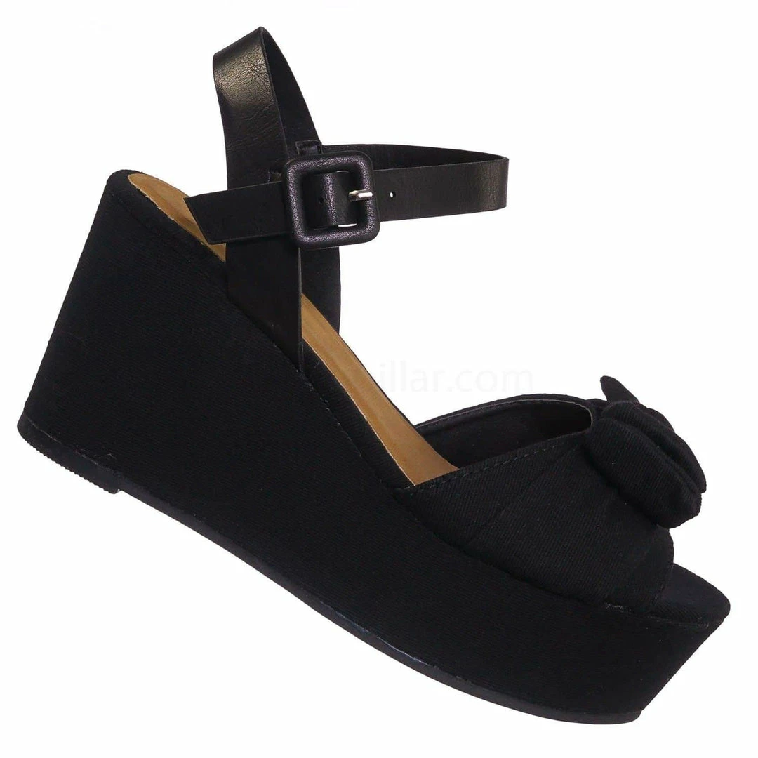 Bamboo New Twins03 Platform Wedge Linen Sandal - Women Bow Ankle Strap Summer Shoe