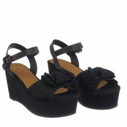 Bamboo New Twins03 Platform Wedge Linen Sandal - Women Bow Ankle Strap Summer Shoe