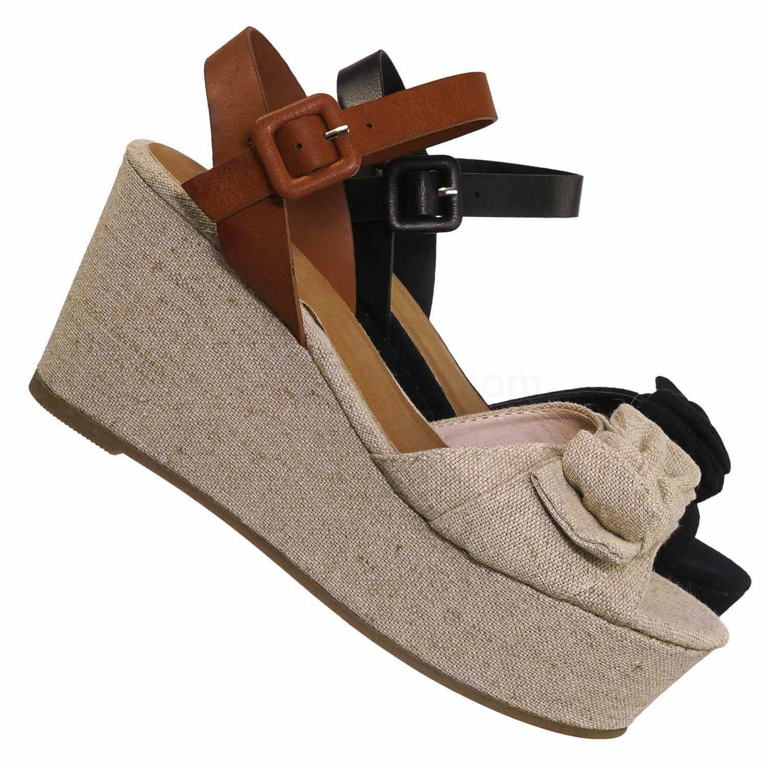 Bamboo New Twins03 Platform Wedge Linen Sandal - Women Bow Ankle Strap Summer Shoe