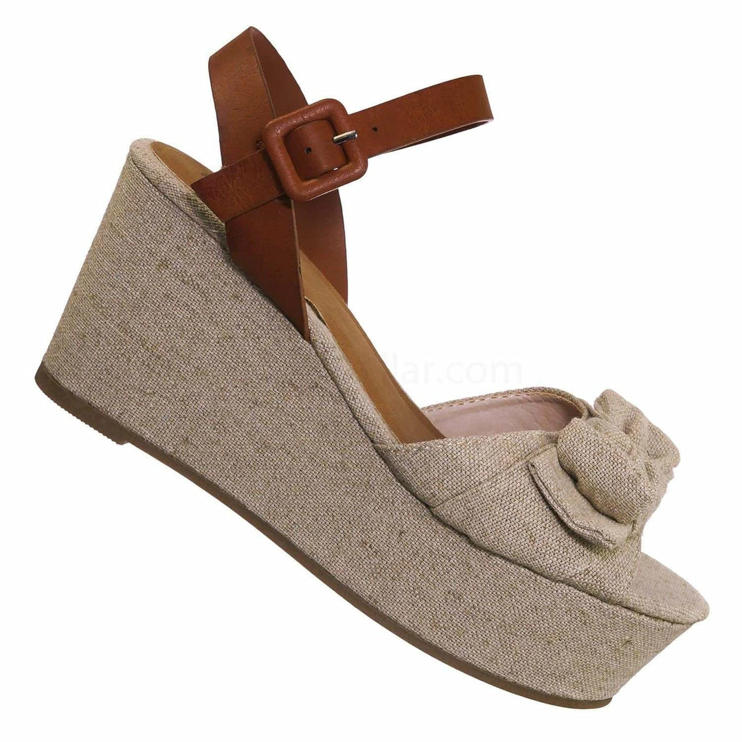 Bamboo New Twins03 Platform Wedge Linen Sandal - Women Bow Ankle Strap Summer Shoe