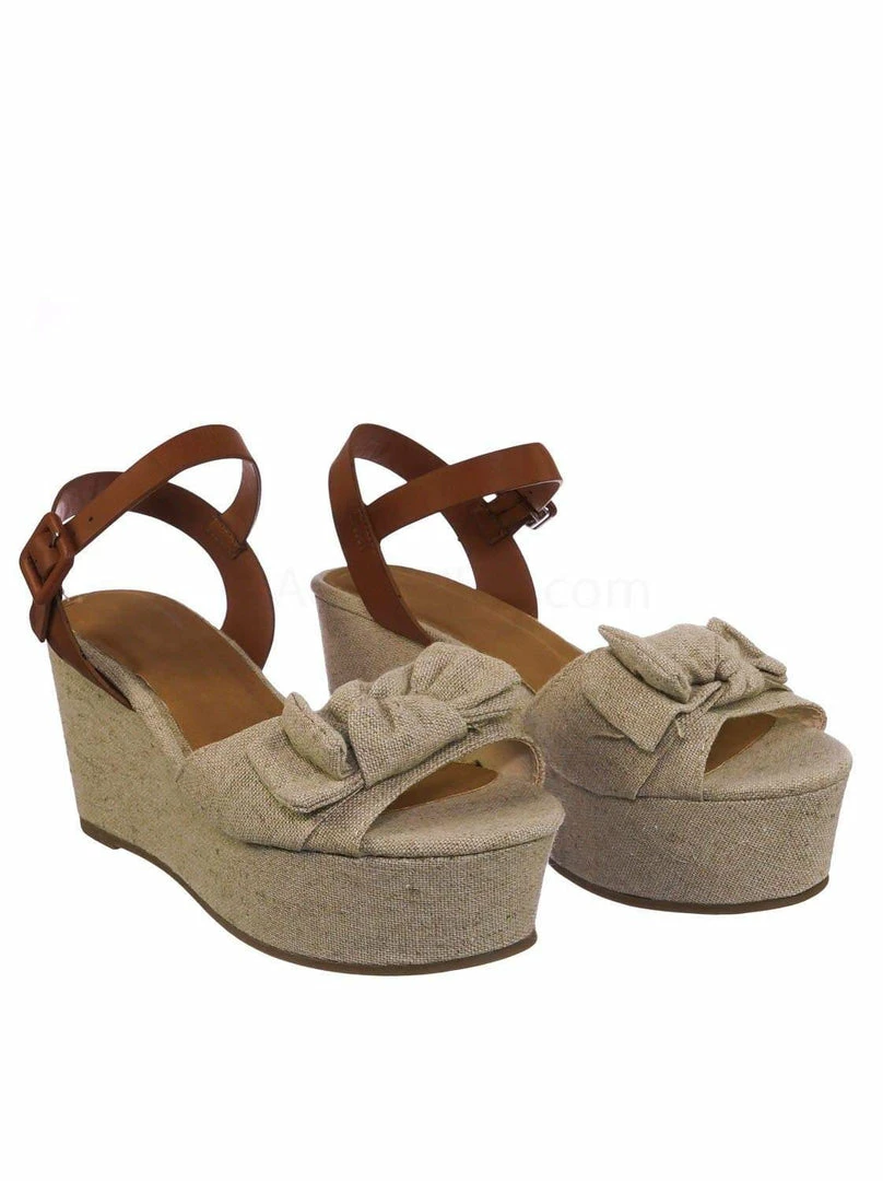 Bamboo New Twins03 Platform Wedge Linen Sandal - Women Bow Ankle Strap Summer Shoe
