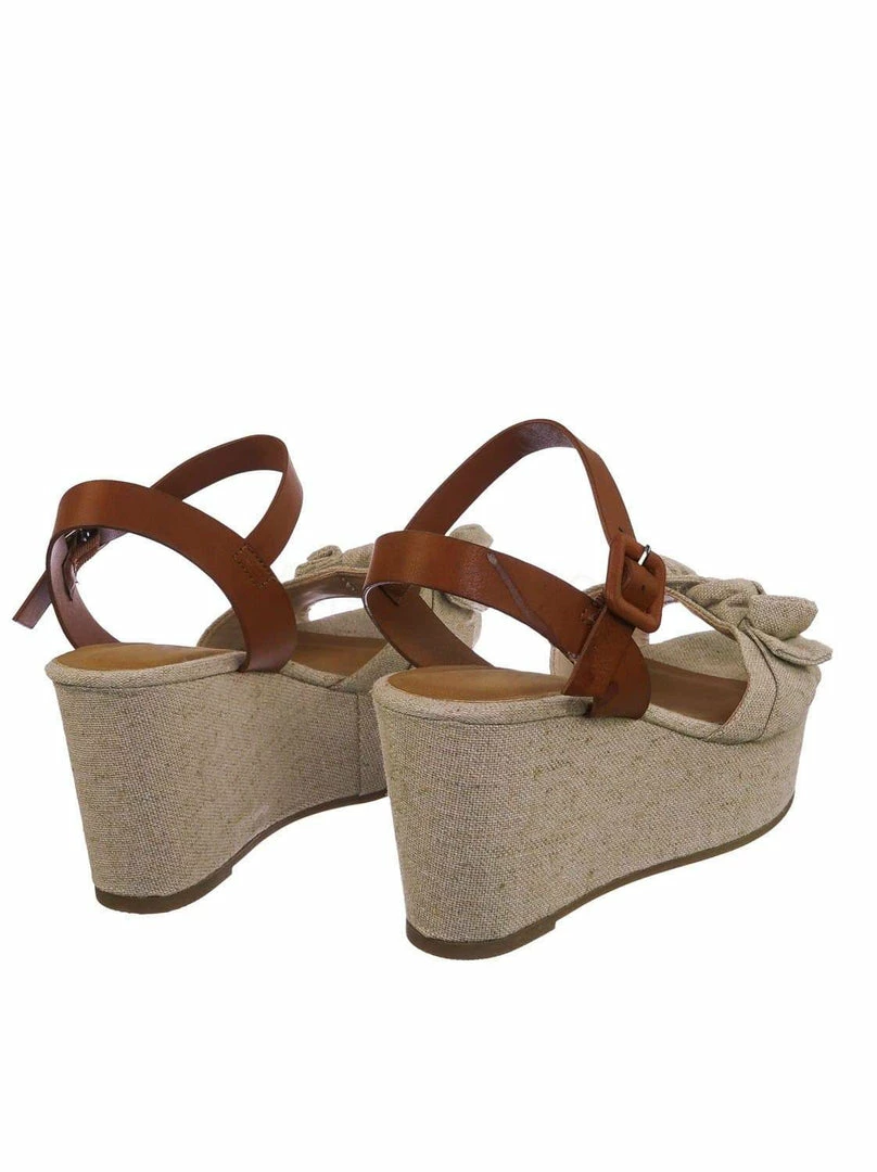 Bamboo New Twins03 Platform Wedge Linen Sandal - Women Bow Ankle Strap Summer Shoe