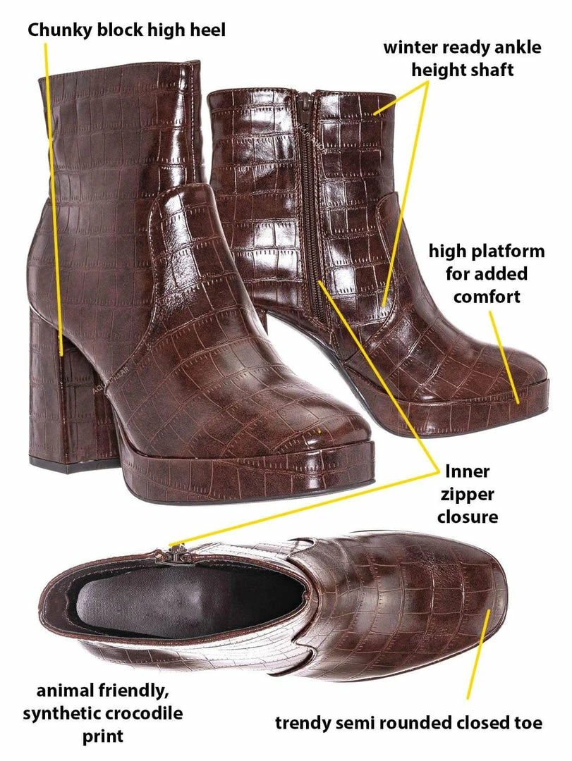 Bamboo Underlined01 Platform Block Heel Bootie - Women Croc & Suede Ankle Pump Boot New