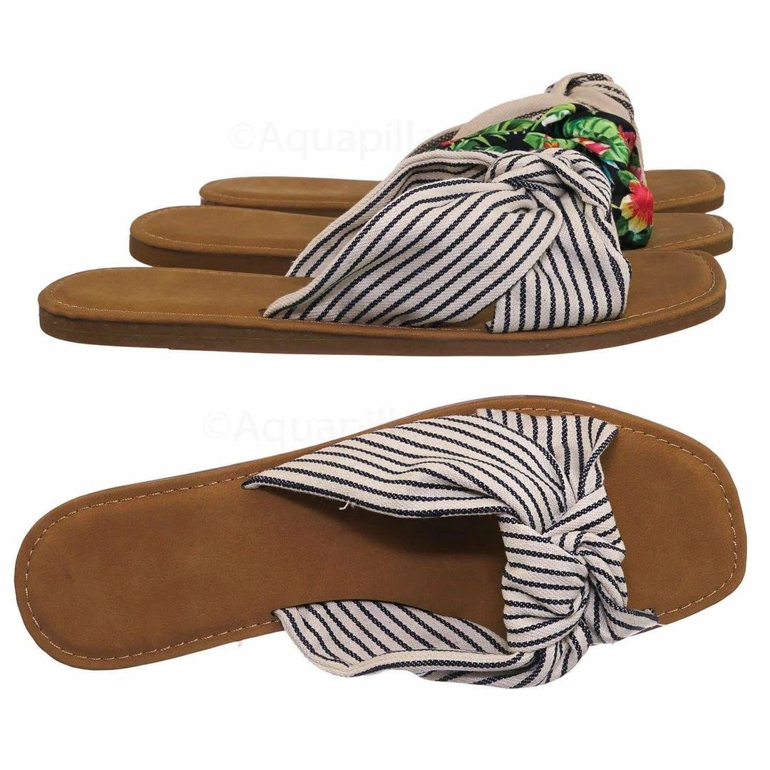 Bamboo New Upbeat10 Slide In Slippers W Knotted Sandal - Women's Floral Stripe Linen Shoes
