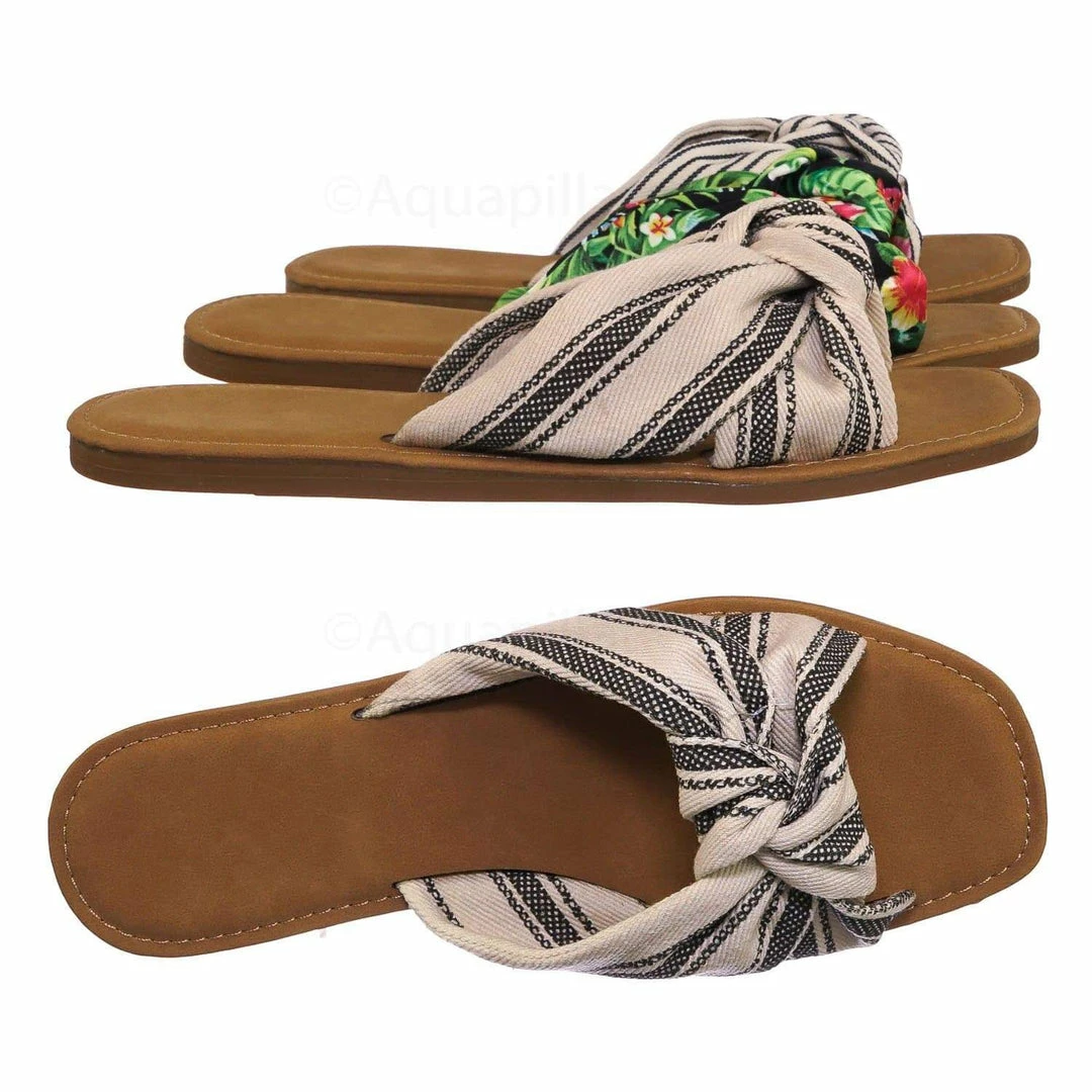 Bamboo New Upbeat10 Slide In Slippers W Knotted Sandal - Women's Floral Stripe Linen Shoes
