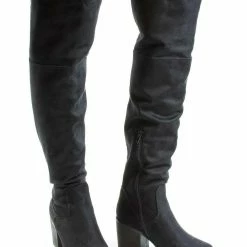 Bamboo Victoria01 Foldable Over Knee Dress Boots W Faux Fur Lining & Stack Block Heel