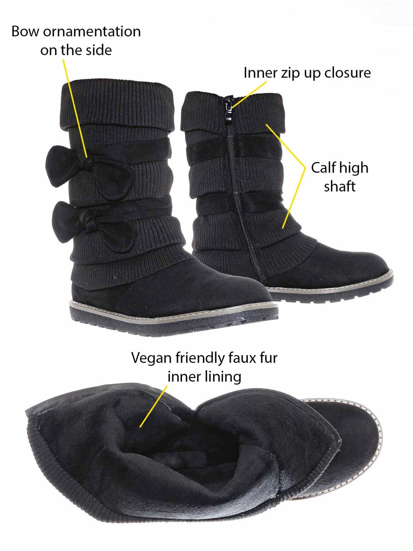 Bamboo Warm59K Kids Faux Fur Lined Knit Boots W Bow - Little Girls Calf Height Shaft New