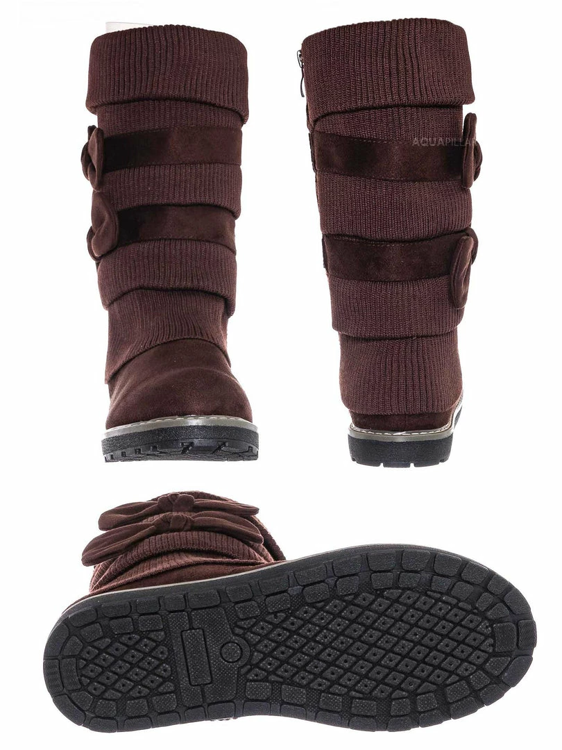 Bamboo Warm59K Kids Faux Fur Lined Knit Boots W Bow - Little Girls Calf Height Shaft New