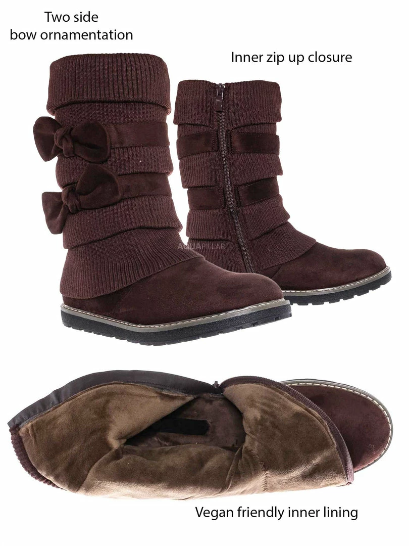 Bamboo Warm59K Kids Faux Fur Lined Knit Boots W Bow - Little Girls Calf Height Shaft New