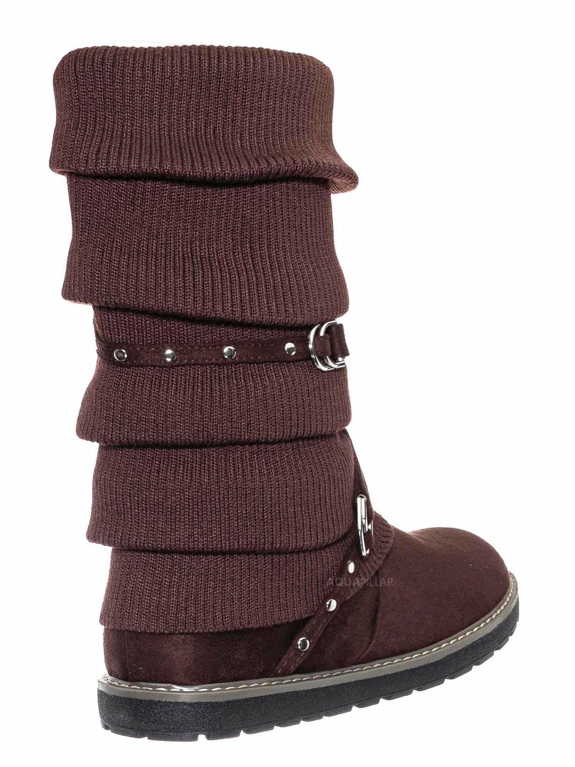 Bamboo Warm60 Metal Stud Belted Knit Boot - Faux Fur Lined Calf Height Flat Winter Shoe New