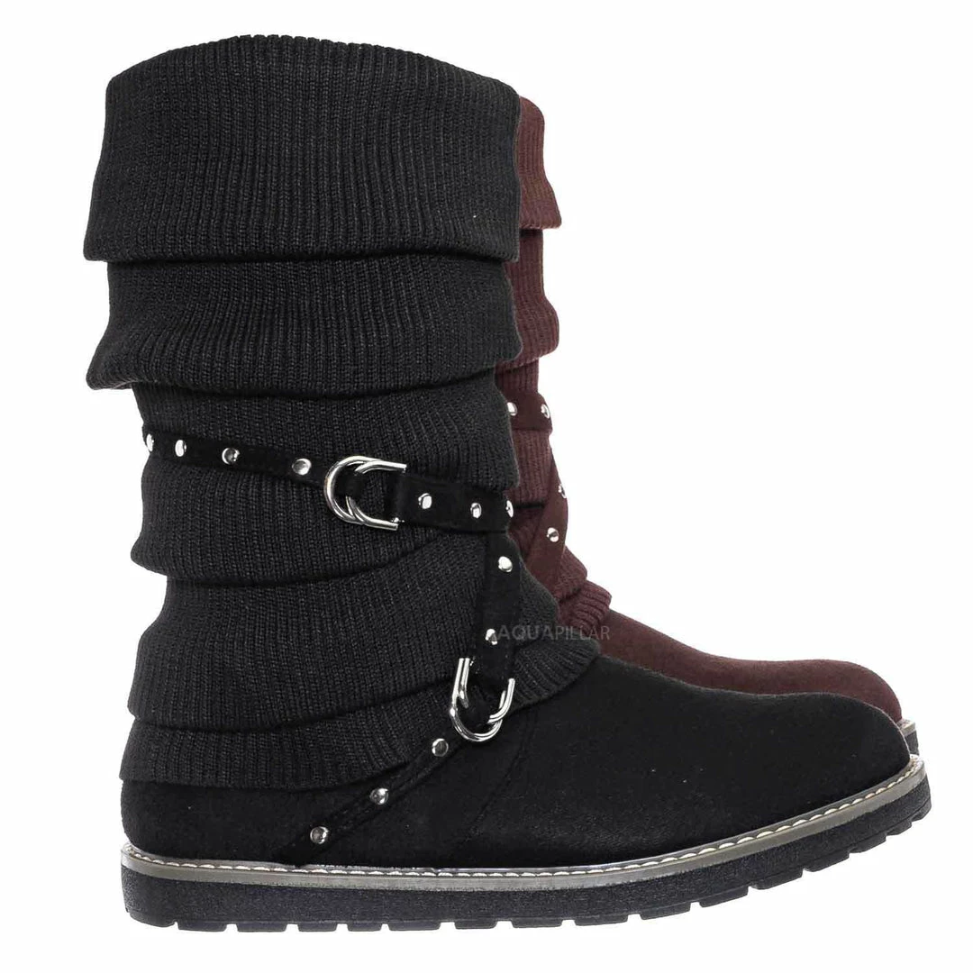 Bamboo Warm60 Metal Stud Belted Knit Boot - Faux Fur Lined Calf Height Flat Winter Shoe New