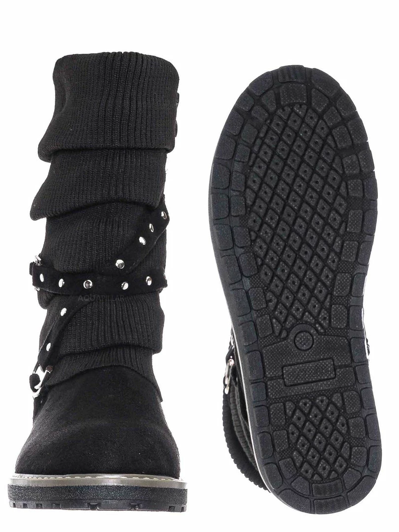 Bamboo Warm60 Metal Stud Belted Knit Boot - Faux Fur Lined Calf Height Flat Winter Shoe New