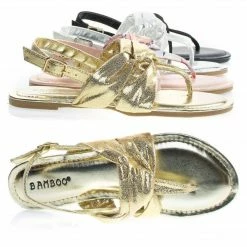 Yolo24s By Bamboo, Women's Flat Thong Sandal W Metallic & Print Fabric In Sling Back Strap