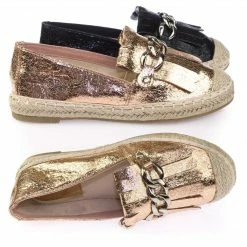 Bella Luna Leona Espadrille Metallic Slip On Flats Moccasin Loafer W Fringe & Metal Chain