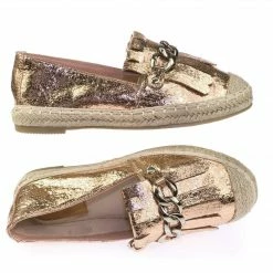Bella Luna Leona Espadrille Metallic Slip On Flats Moccasin Loafer W Fringe & Metal Chain