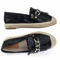 Bella Luna Leona Espadrille Metallic Slip On Flats Moccasin Loafer W Fringe & Metal Chain