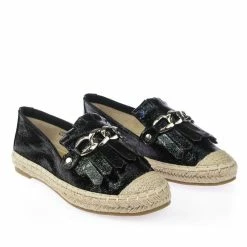 Bella Luna Leona Espadrille Metallic Slip On Flats Moccasin Loafer W Fringe & Metal Chain