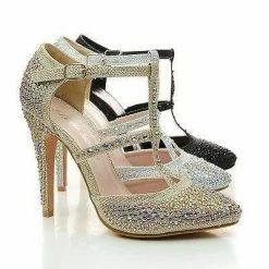 Zina By Bella Luna, Rhinestone Studded T-Strap Stiletto Dress Heels