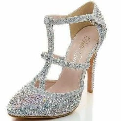 Zina By Bella Luna, Rhinestone Studded T-Strap Stiletto Dress Heels