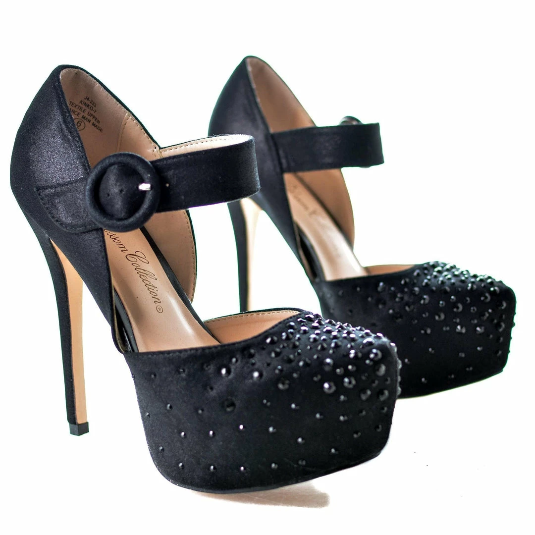 Kinko7 By De Blossom, Dress Rhinestone Studded Pointed Toe Mary Jane Platform Pump Heels