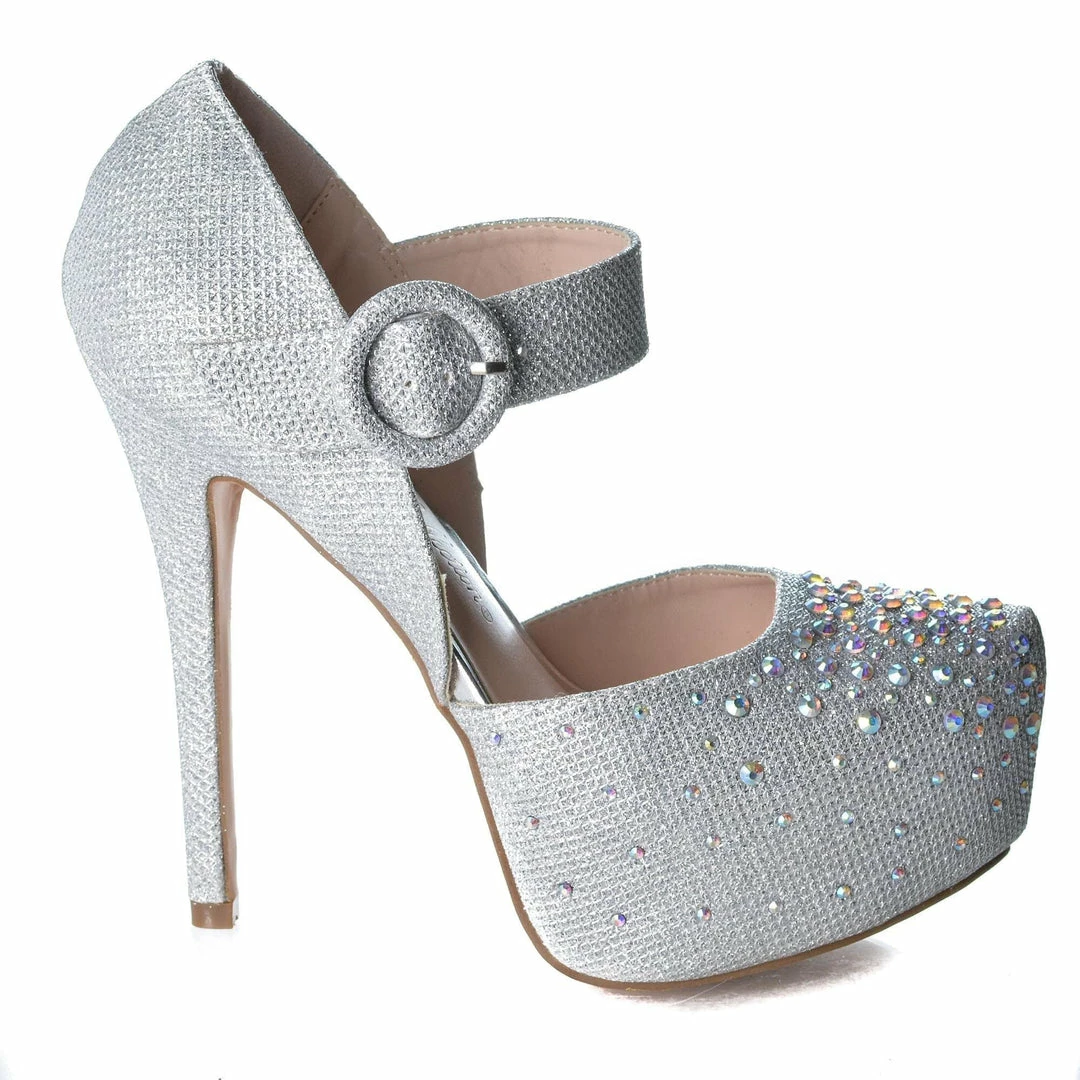 Kinko7 By De Blossom, Dress Rhinestone Studded Pointed Toe Mary Jane Platform Pump Heels