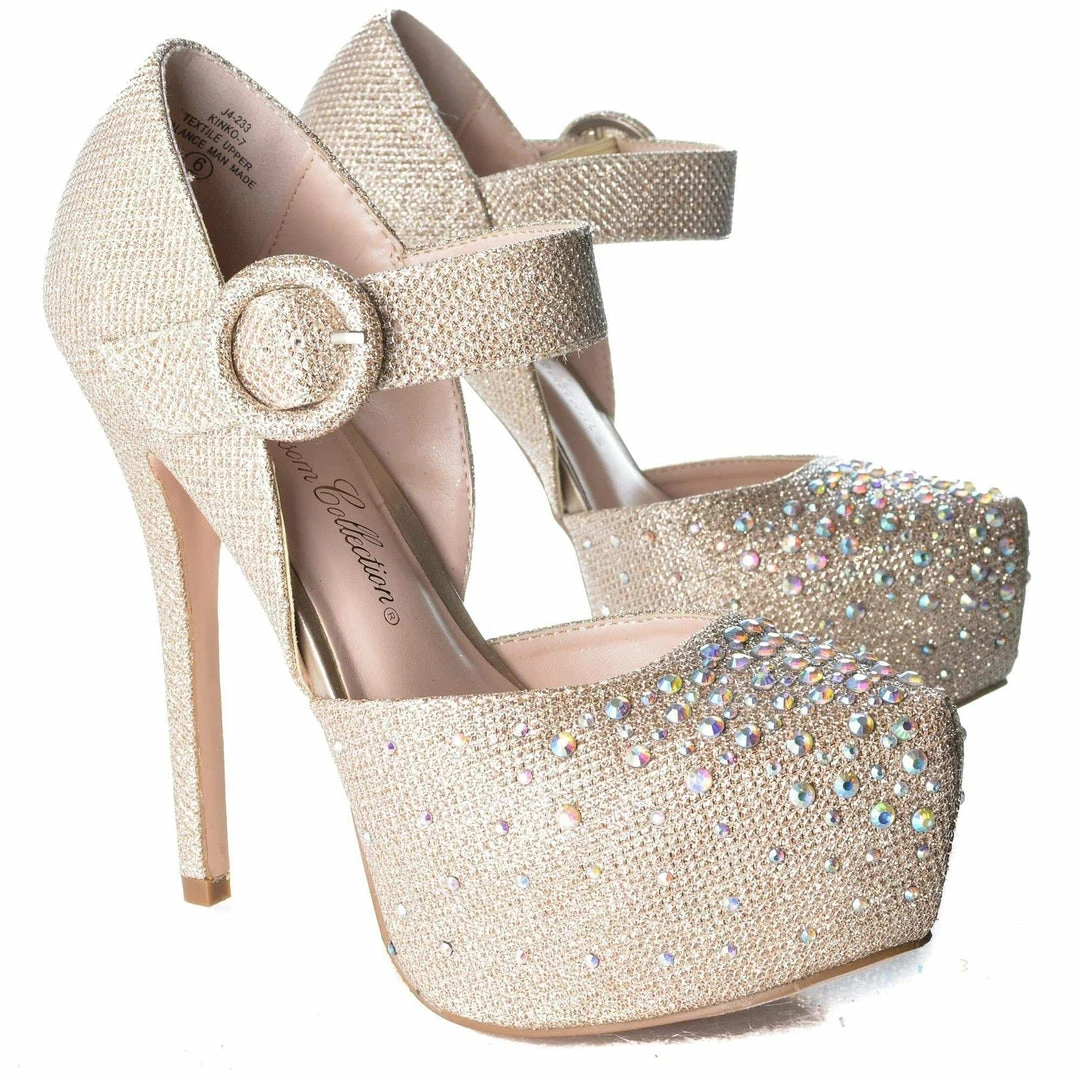 Kinko7 By De Blossom, Dress Rhinestone Studded Pointed Toe Mary Jane Platform Pump Heels