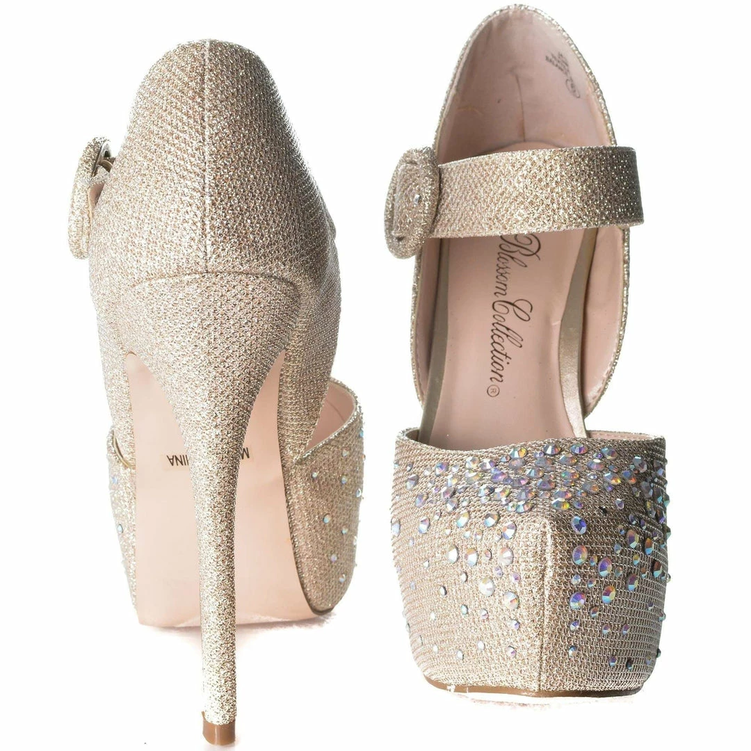Kinko7 By De Blossom, Dress Rhinestone Studded Pointed Toe Mary Jane Platform Pump Heels