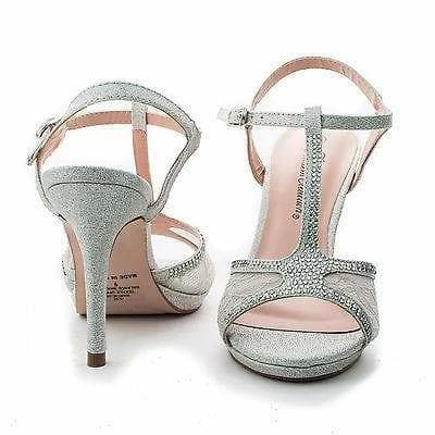 New Marcie28 By Blossom, Lace & Rhinestone T-Strap Sling Back Stiletto Sandals