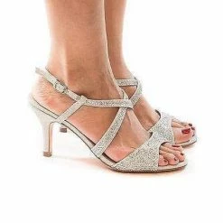 Nono8 By Blossom, Rhinestone & Glitter Open Toe Criss Cross Sling Back Kitten Heels
