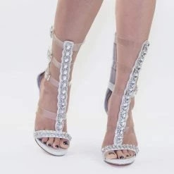 New Xana1 By Blossom Rhinestone Crystal Jewel Embellished Calf High Dress Sandal W Lucite Strap