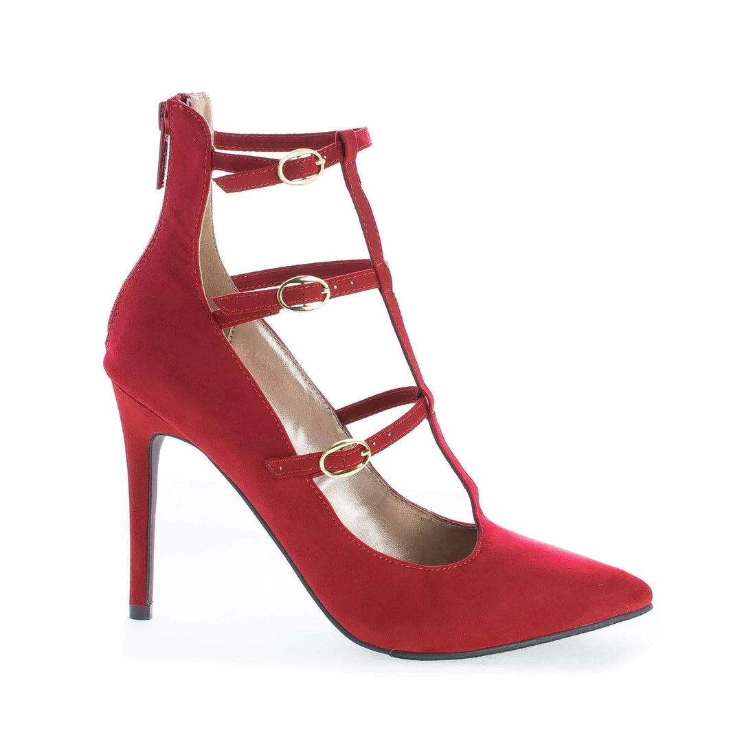 Lydia21 By Breckelle's, Pointy Toe Multi Buckle T-Strap Stiletto Heel Pumps