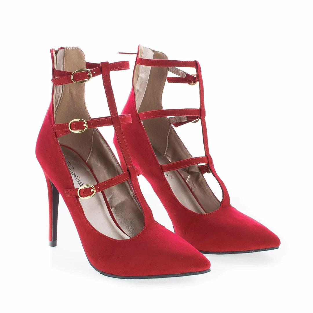 Lydia21 By Breckelle's, Pointy Toe Multi Buckle T-Strap Stiletto Heel Pumps