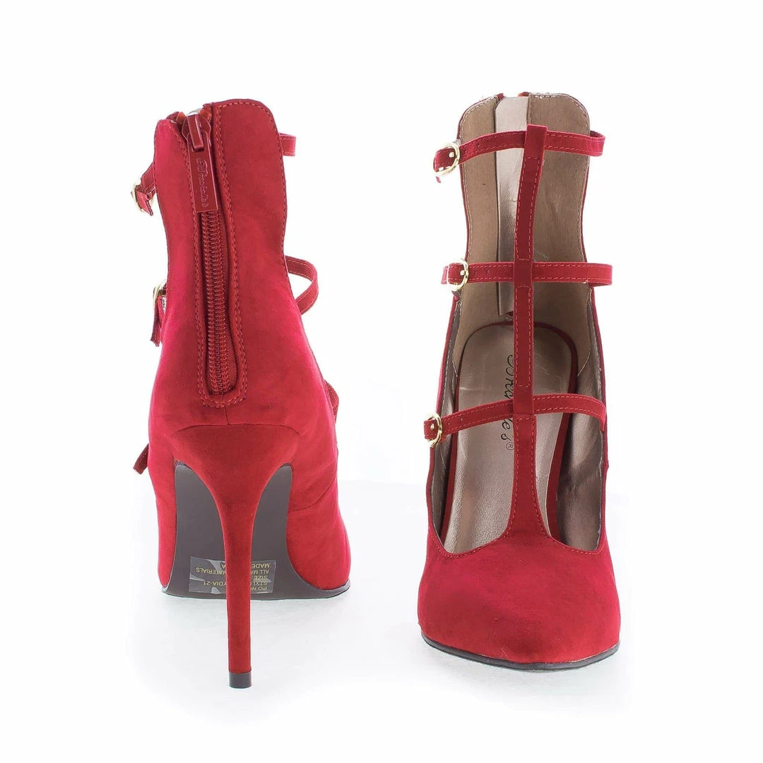 Lydia21 By Breckelle's, Pointy Toe Multi Buckle T-Strap Stiletto Heel Pumps